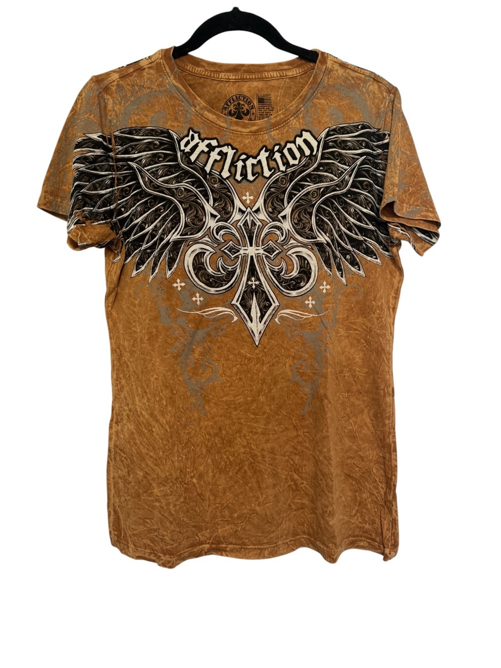 Affliction Chrome Tee Copper Lava Wash Rhinestone Winged Cross Graphic Y2K Sz XL